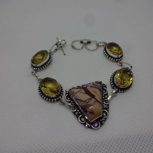 Stunning "MOOKAITE JASPER & CITRINE" Handmade Sterling Bracelet Size 7.5"  #198
